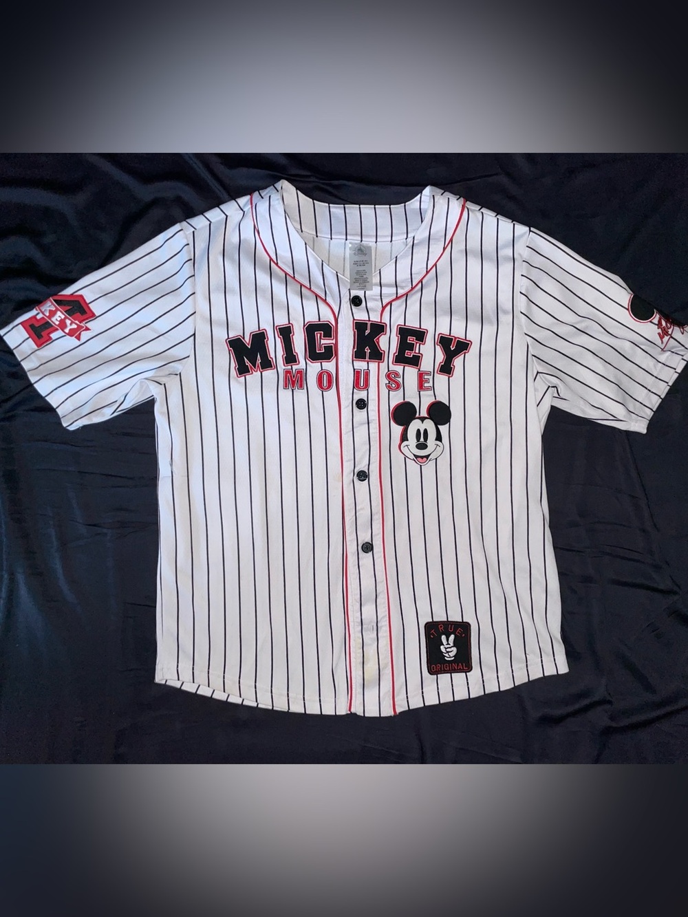 Disney White Black Pinstripe Mickey Mouse Baseball Shirt with Red Trim